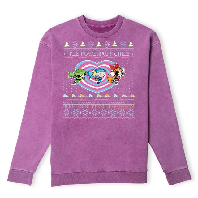 Powerpuff Girls Bubbles, Buttercup, Blossom Christmas Weihnachtspullover - Lila Acid Wash