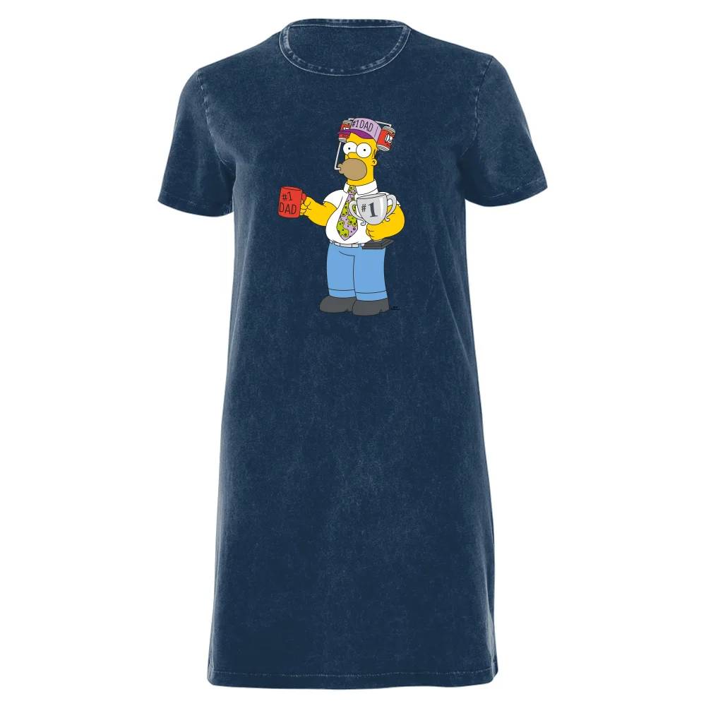The Simpsons Homer Number 1 Dad Women's T-Shirt Dress - Navy Acid Wash - XXL - Navy Acid Wash Bild 1