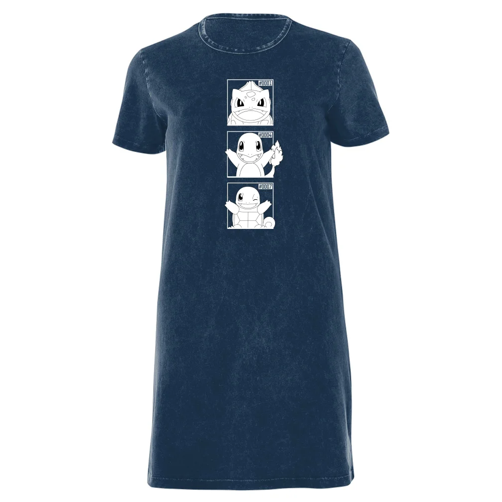 Pokemon Generation 1 Monochrome Starters Women's T-Shirt Dress - Navy Acid Wash - XXL Bild 1