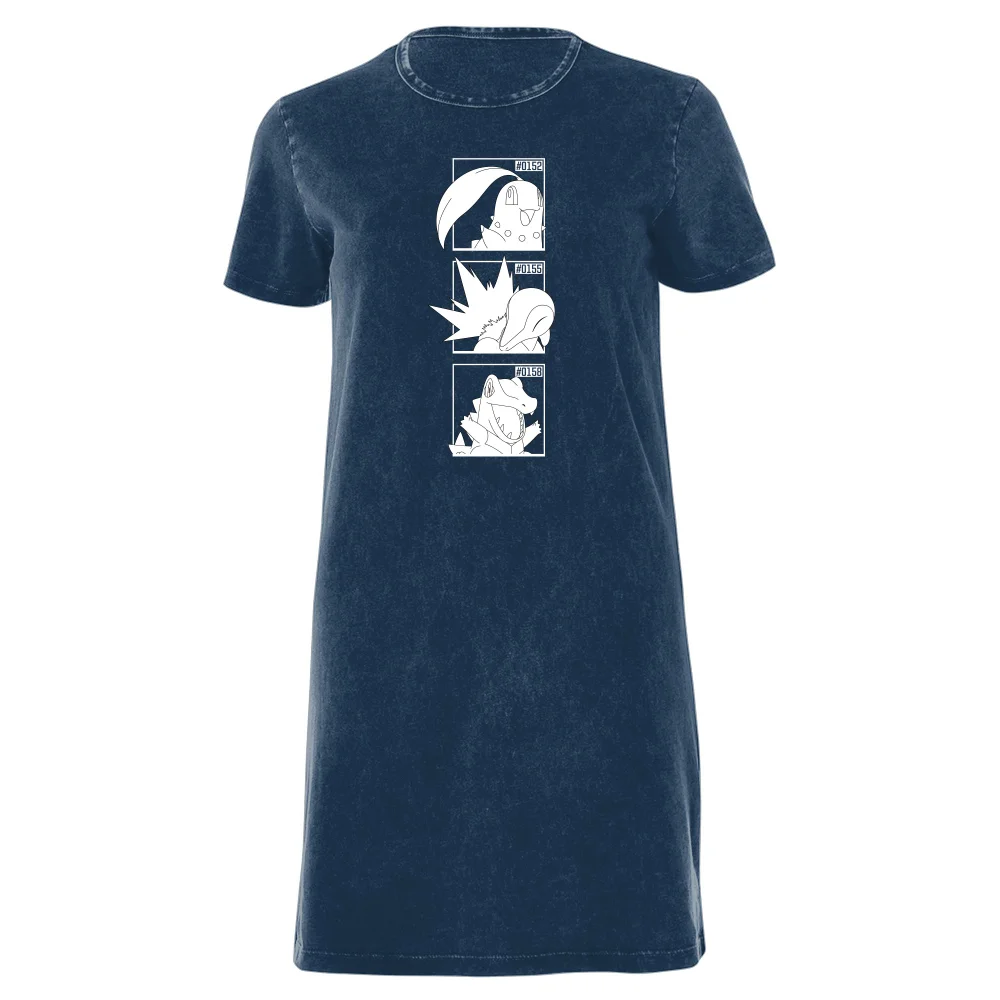 Pokemon Generation 2 Monochrome Starters Women's T-Shirt Dress - Navy Acid Wash - XXL Bild 1