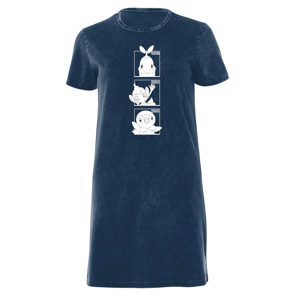 Pokemon Generation 4 Monochrome Starters Women's T-Shirt Dress - Navy Acid Wash - XXL Bild 1