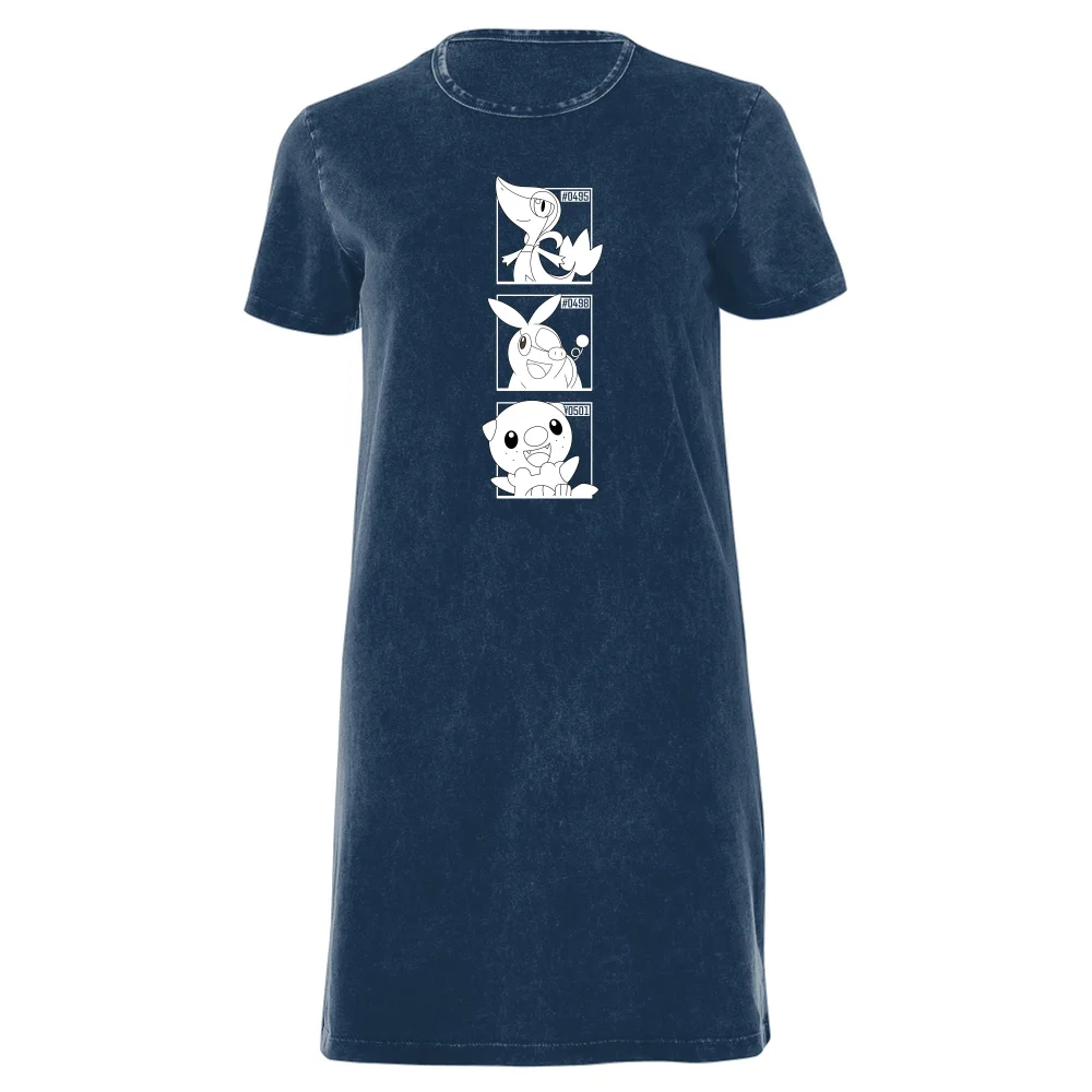 Pokemon Generation 5 Monochrome Starters Women's T-Shirt Dress - Navy Acid Wash - XXL Bild 1
