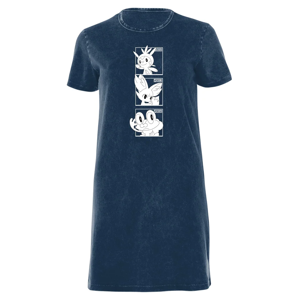 Pokemon Generation 6 Monochrome Starters Women's T-Shirt Dress - Navy Acid Wash - XXL Bild 1