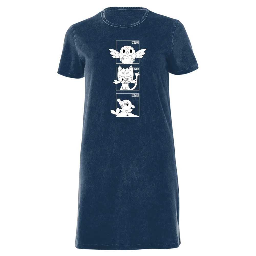 Pokemon Generation 7 Monochrome Starters Women's T-Shirt Dress - Navy Acid Wash - XXL Bild 1