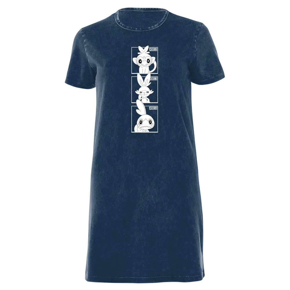 Pokemon Generation 8 Monochrome Starters Women's T-Shirt Dress - Navy Acid Wash - XXL Bild 1