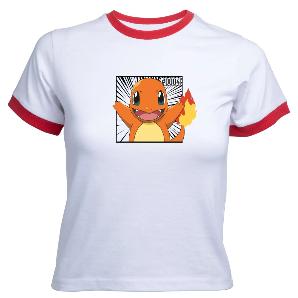 Pokémon Pokédex Glumanda #0004 Frauen Cropped Ringer T-Shirt - Weiß/Rot - XS Bild 1
