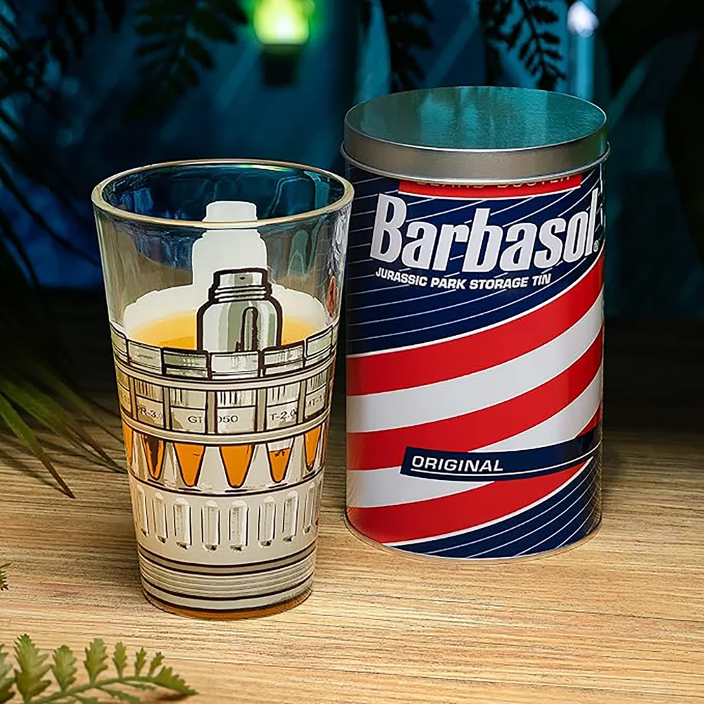 Jurassic Park Drinking Glass in a Collectible Barbasol Shaving Cream Tin Bild 1