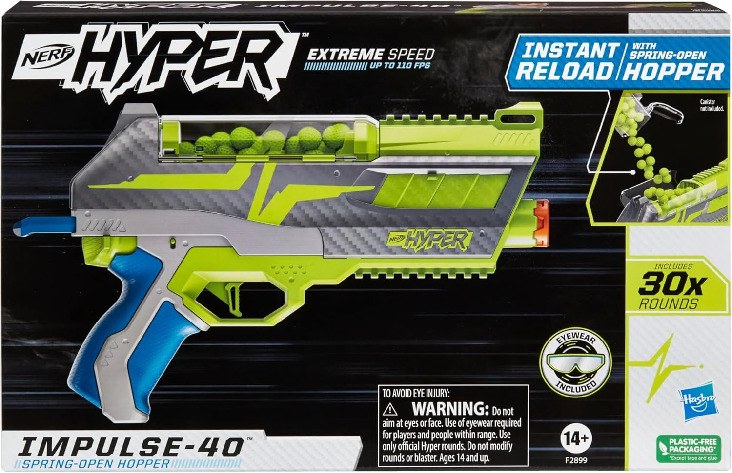 Nerf Hyper Impulse-40 Blaster, Spring-Open Hopper, Up To 110 FPS Velocity, 30 Nerf Hyper Rounds, Eyewear Bild 1