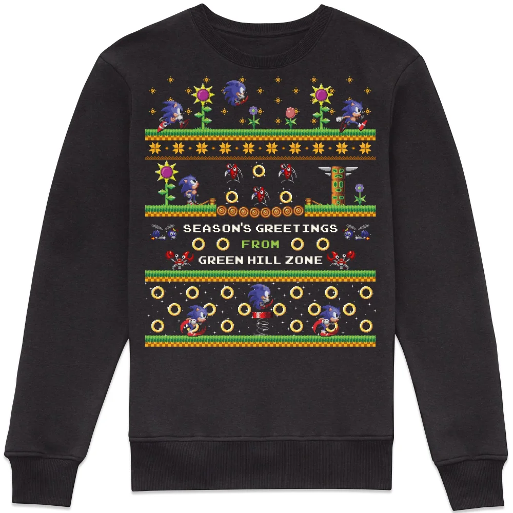 Sonic The Hedgehog Seasons Greetings From Green Hill Zone Christmas Jumper Sweatshirt - Black - XS Bild 1